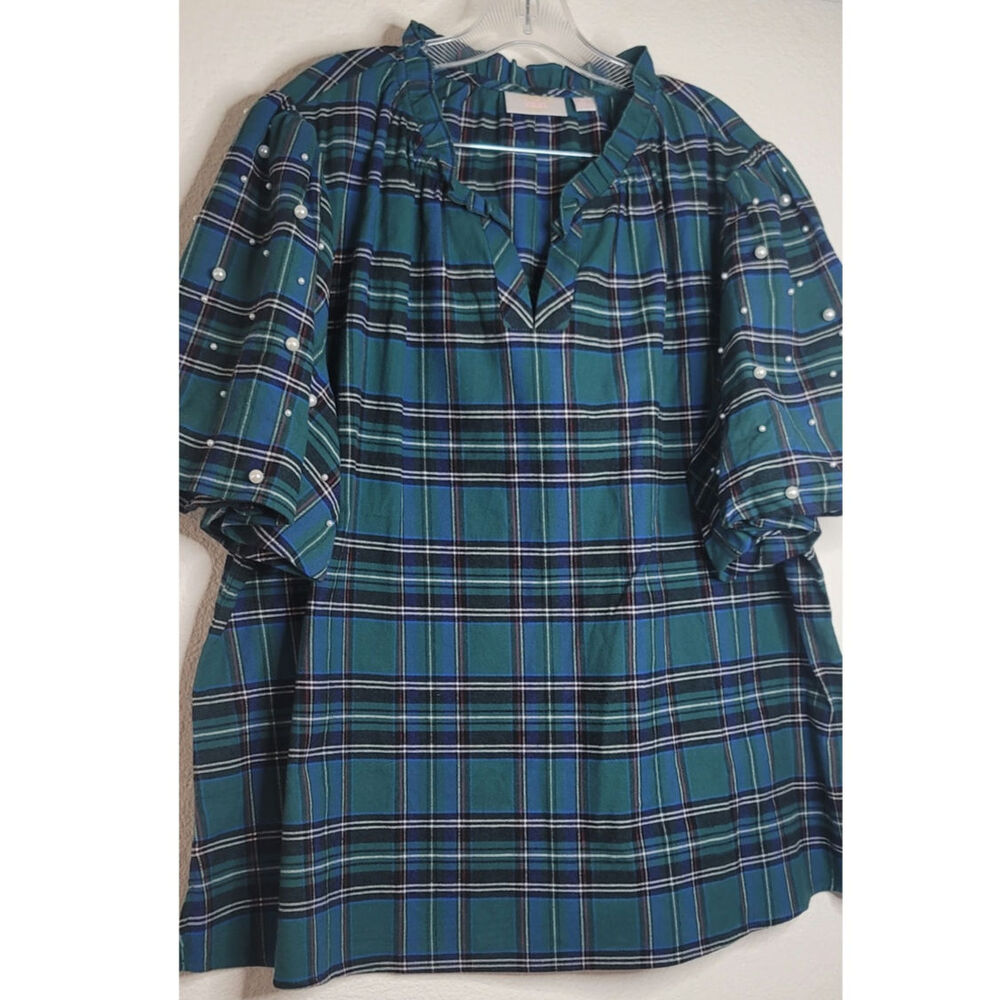 Jingle Belles Green Plaid Puff Sleeve Blouse with Pearl Accents Women's Sz 2X